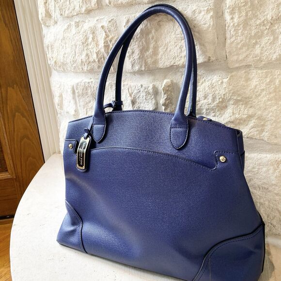 London Fog Royal Blue Faux Leather Double Handle Shoulder Bag Lined - Picture 1 of 9
